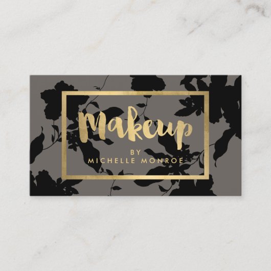 Black Floral Gold Text Makeup Artist Grau Visitenkarte (Vorderseite)
