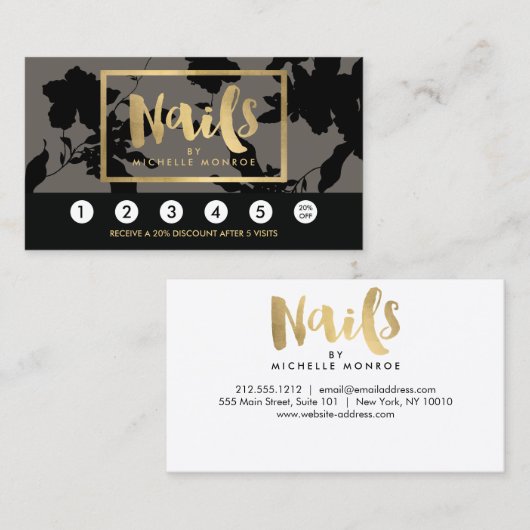 Black Floral Gold Text Nail Salon Grau Loyalität Treuekarte (Vorne/Hinten)