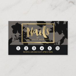 Black Floral Gold Text Nail Salon Grau Loyalität Treuekarte