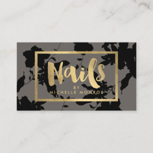 Black Floral Gold Text Nail Salon Grau Visitenkarte