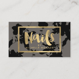 Black Floral Gold Text Nail Salon Grau Visitenkarte