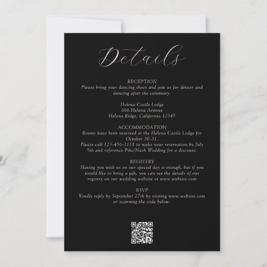 Black Floral Gothic All in One QR Code Hochzeit Einladung (Rückseite)
