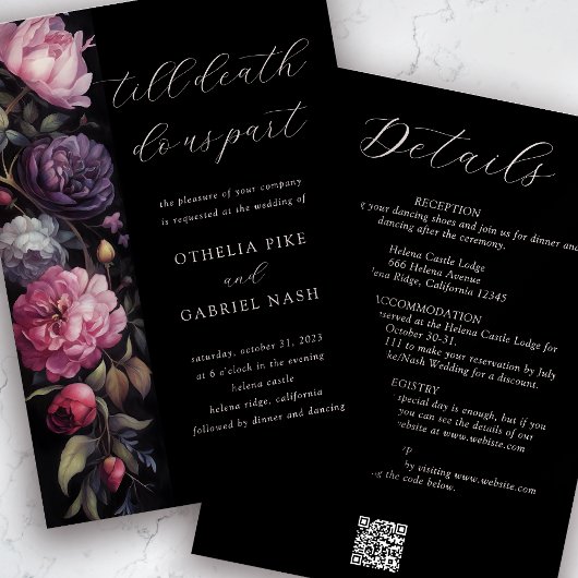Black Floral Gothic All in One QR Code Hochzeit Einladung