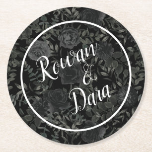 Black Floral Gothic Wedding Runder Pappuntersetzer