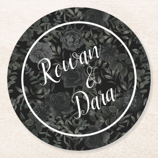 Black Floral Gothic Wedding Runder Pappuntersetzer (Vorderseite)
