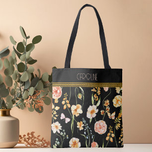 Black Floral Grace Trendy Stilvolle Niedliche Tote Tasche