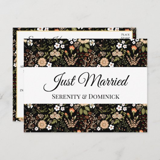 Black Floral Just Married Hochzeit Ankündigung (Vorne/Hinten)
