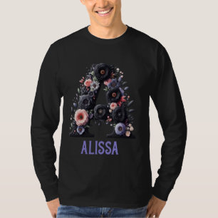 Black Floral Letter Alissa Alphabet Girl Name T-Shirt
