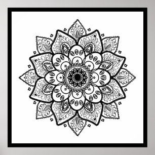 Black Floral Mandala On White Poster