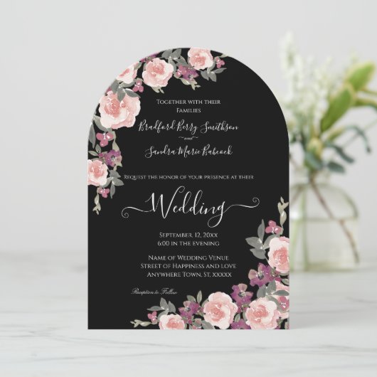 Black Floral Mauve Blush Pink Einladung Hochzeit (Stehend Vorderseite)