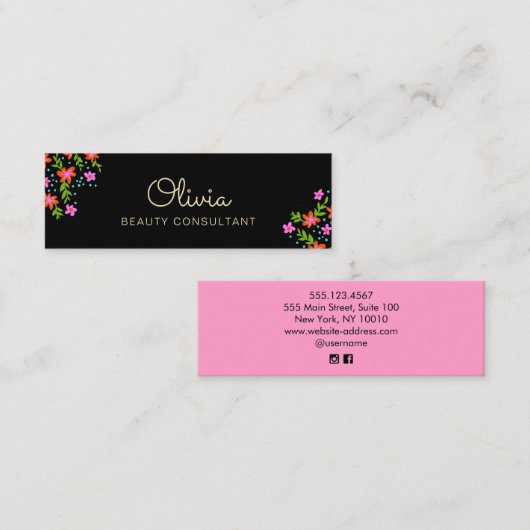 Black Floral Mini Signature Script Business Card Mini Visitenkarte (Vorne/Hinten)