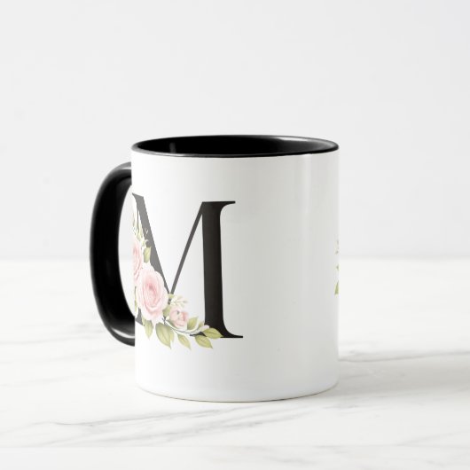Black Floral Monogram M Mug Tasse (Vorderseite Links)