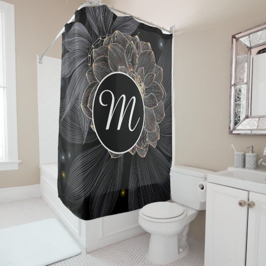 Black Floral Monogram personalisieren Duschvorhang (Beispiel)