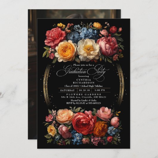 Black Floral Moody Botanical Chic Graduation Party Einladung (Vorne/Hinten)