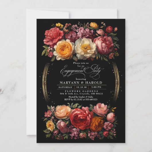 Black Floral Moody Botanische Chic Engagement Part Einladung (Vorderseite)