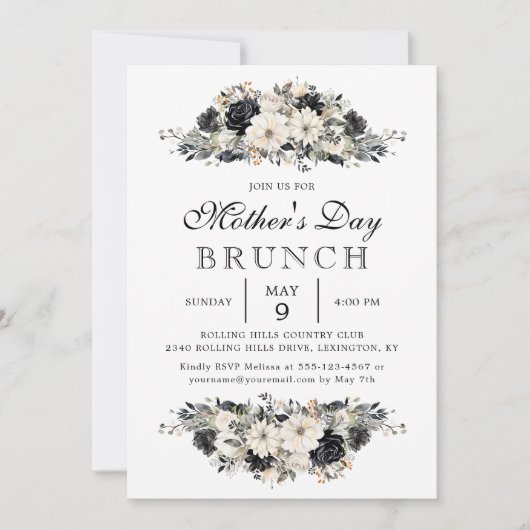 Black Floral Mother Day Brunch Party Einladung (Vorderseite)