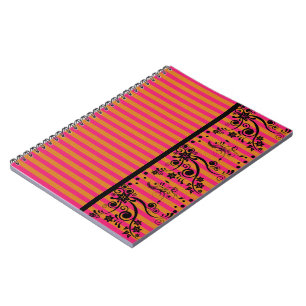 Black Floral On Pink - Notebook Notizblock