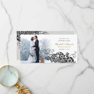Black Floral Paisley Boho Elegant Wedding Foto Dankeskarte