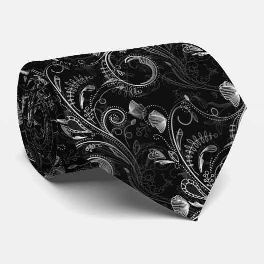Black Floral Paisley Lacework Pattern Krawatte (Gerollt)