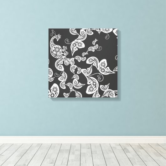 Black Floral Peacock Deko Art Canvas Print (Insitu (Holzboden))