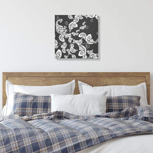 Black Floral Peacock Deko Art Canvas Print (Insitu (Schlafzimmer))