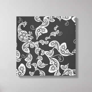 Black Floral Peacock Deko Art Canvas Print