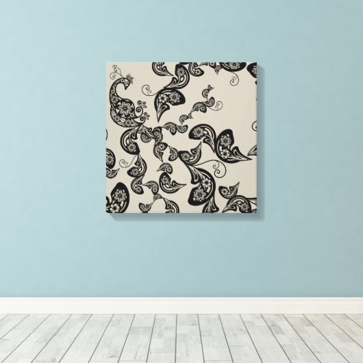 Black Floral Peacock Deko Art Canvas Print (Insitu (Holzboden))