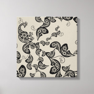 Black Floral Peacock Deko Art Canvas Print