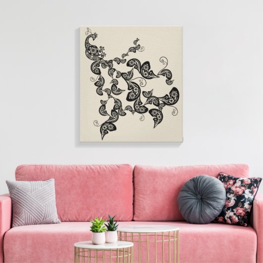Black Floral Peacock Deko Art Canvas Print (Insitu (Wohnzimmer))