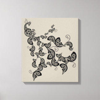 Black Floral Peacock Deko Art Canvas Print