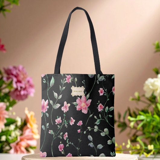 Black Floral pink Flowers pattern Trendy Classic Tasche