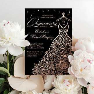 Black Floral Quinceañera Gown Celestial Moon Stars Folieneinladung