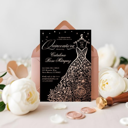 Black Floral Quinceañera Gown Celestial Moon Stars Folieneinladung