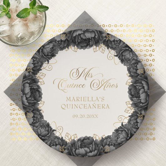 Black Floral Quinceanera Pappteller