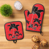 Black Floral Red Ofenhandschuh & Topflappen-Set (Oben Unten)