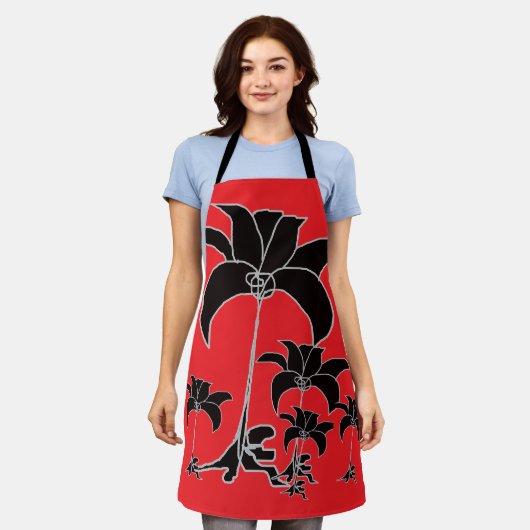 Black Floral Red Schürze (Getragen)