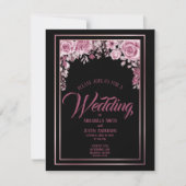 Black Floral Rose Gold Script Hochzeit Einladung (Vorderseite)