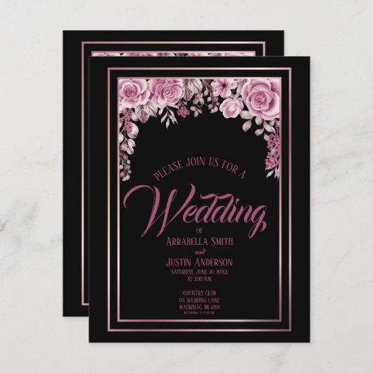 Black Floral Rose Gold Script Hochzeit Einladung (Vorne/Hinten)