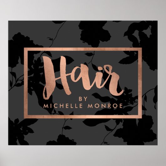 Black Floral Rose Gold Text Hair Stylist Poster (Vorne)