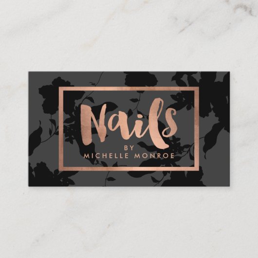Black Floral Rose Gold Text Nail Salon Visitenkarte (Vorderseite)