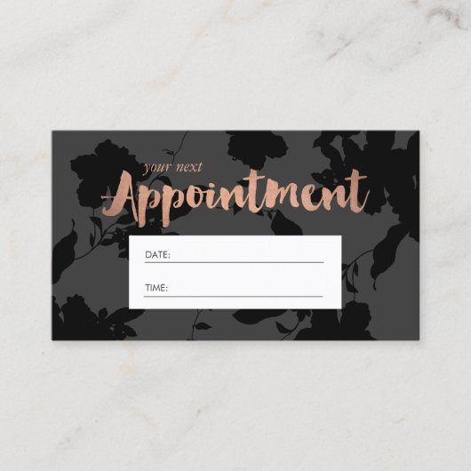 Black Floral Rose Gold Text Salon Ernennung Terminkarte (Vorderseite)