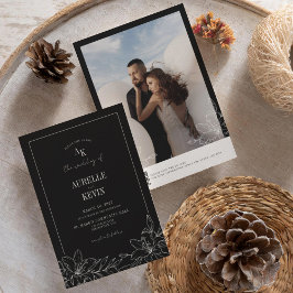 Black Floral Rustic Monogram Photo QR Wedding Einladung