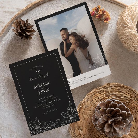 Black Floral Rustic Monogram Photo QR Wedding  Einladung