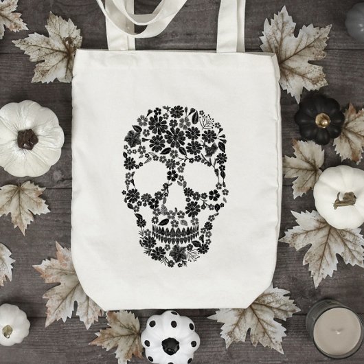 Black Floral Skull Toag Tragetasche