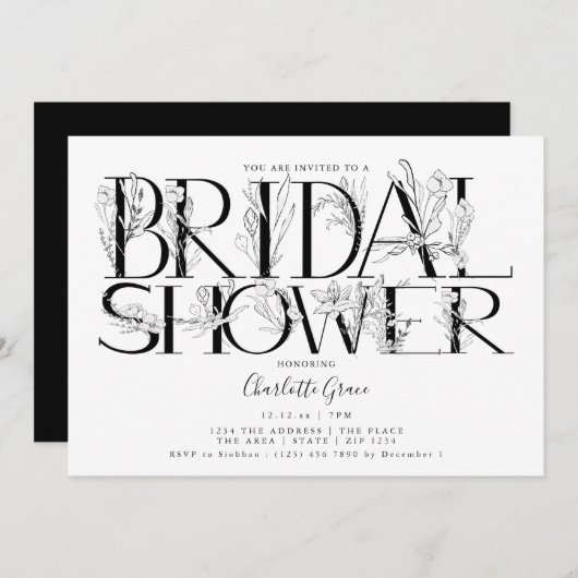 Black Floral Typografy Wedding Brautparty Einladung (Vorne/Hinten)