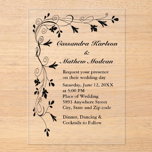 Black Floral Vine Wedding Elegant Botanical Acryleinladungen (Vorderseite)
