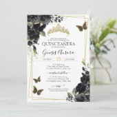 Black Floral Watercolor Gold Butterfly Quinceanera Einladung (Stehend Vorderseite)