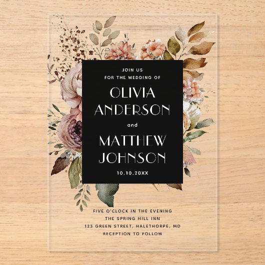 Black Floral Wedding | Boho Botanischer Fall Acryleinladungen (Vorderseite)