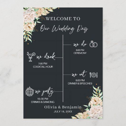 Black Floral Wedding Program & Timeline Card Programm (Vorderseite)