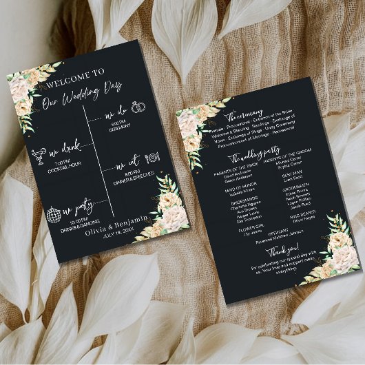 Black Floral Wedding Program & Timeline Card Programm